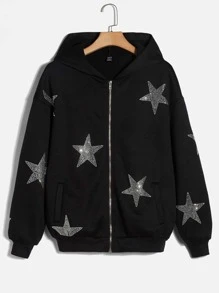 SHEIN EZwear Rhinestone Star Pattern Drop Shoulder Zip Up Hoodie - Black - View 1