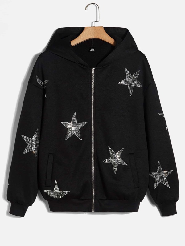 SHEIN Coolane Rhinestone Star Pattern Drop Shoulder Zip Up Hoodie ...