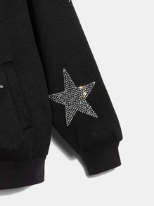 SHEIN EZwear Rhinestone Star Pattern Drop Shoulder Zip Up Hoodie - Black - View 2