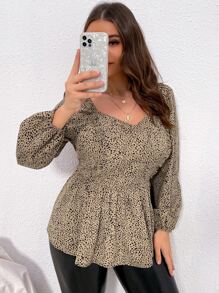 SHEIN LUNE Plus All Over Print Frill Trim Sweetheart Neck Blouse - Multicolor - View 5