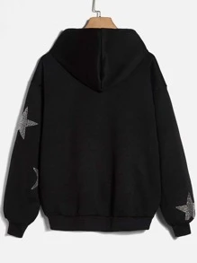 SHEIN EZwear Rhinestone Star Pattern Drop Shoulder Zip Up Hoodie - Black - View 3