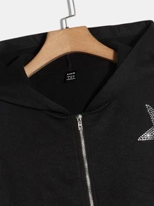 SHEIN EZwear Rhinestone Star Pattern Drop Shoulder Zip Up Hoodie - Black - View 4