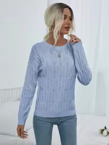 SHEIN LUNE 秋冬季斜肩针织套头衫 - 淺藍色 - 查看 5