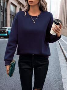 SHEIN LUNE Solid Thermal Lined Sweatshirt - Navy Blue - View 3