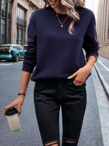 SHEIN LUNE Solid Thermal Lined Sweatshirt - Navy Blue - View 4