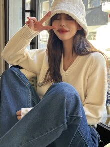 DAZY Jersey de cuello V de manga raglán - Beis - Ver 2