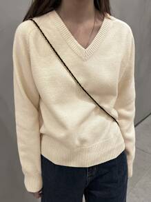 DAZY Jersey de cuello V de manga raglán - Beis - Ver 3