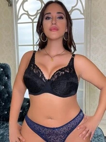 Sujetador grande de encaje con copa delgada de unicolor, ropa interior femenina sexy y cómoda - Negro - Ver 1