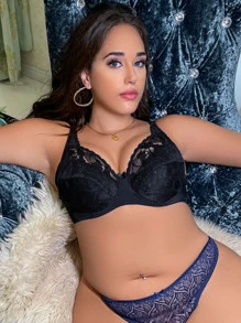 Sujetador grande de encaje con copa delgada de unicolor, ropa interior femenina sexy y cómoda - Negro - Ver 5