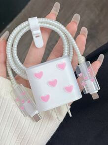 5入組愛心圖案數據線保護頭套裝 - 粉色 - 查看 2