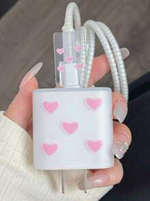 5入組愛心圖案數據線保護頭套裝 - 粉色 - 查看 5