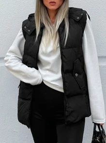 RueChic Zip Up Hooded Puffer Vest Coat - Black - View 1