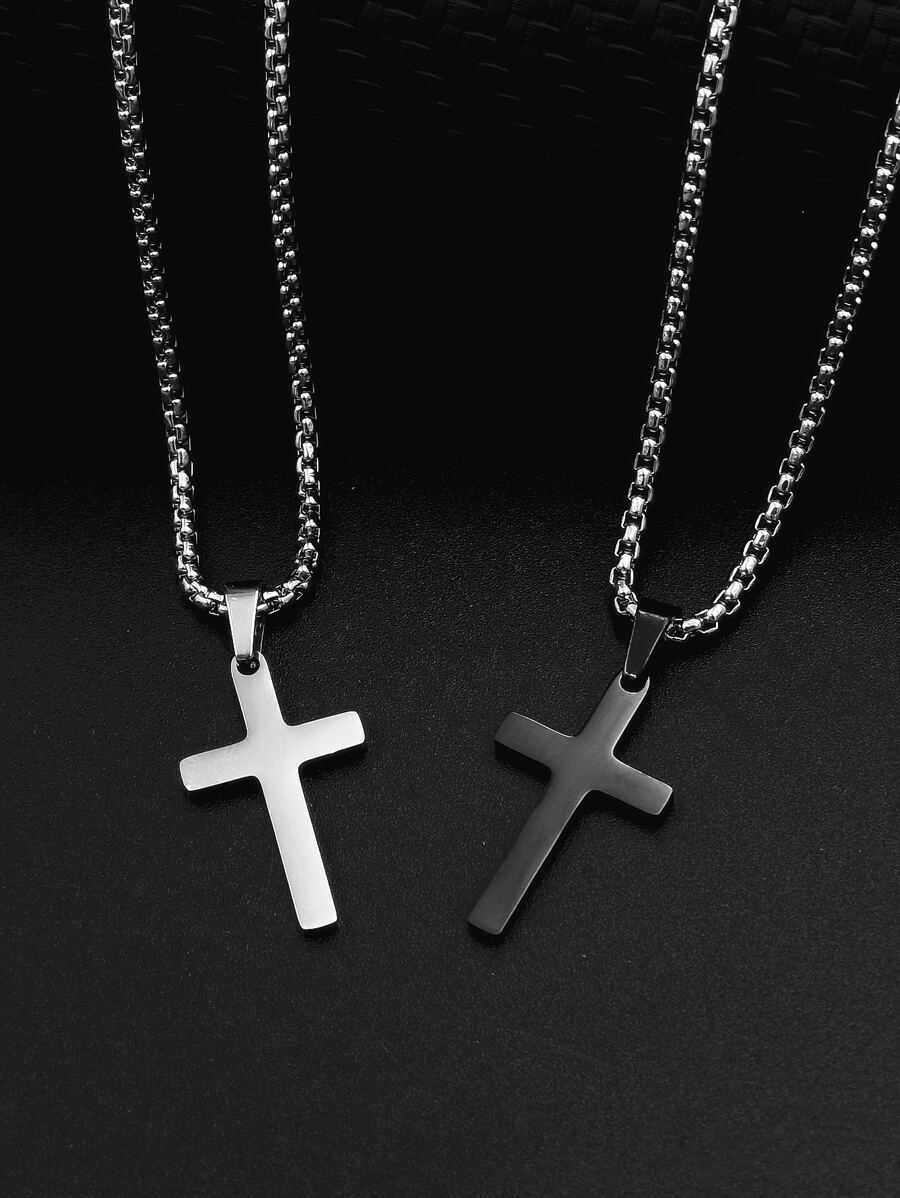 時尚流行2入組男士十字吊飾項鍊不銹鋼朋克嘻哈風格適合珠寶禮物和時尚外觀 - 黑與白 - 查看 1