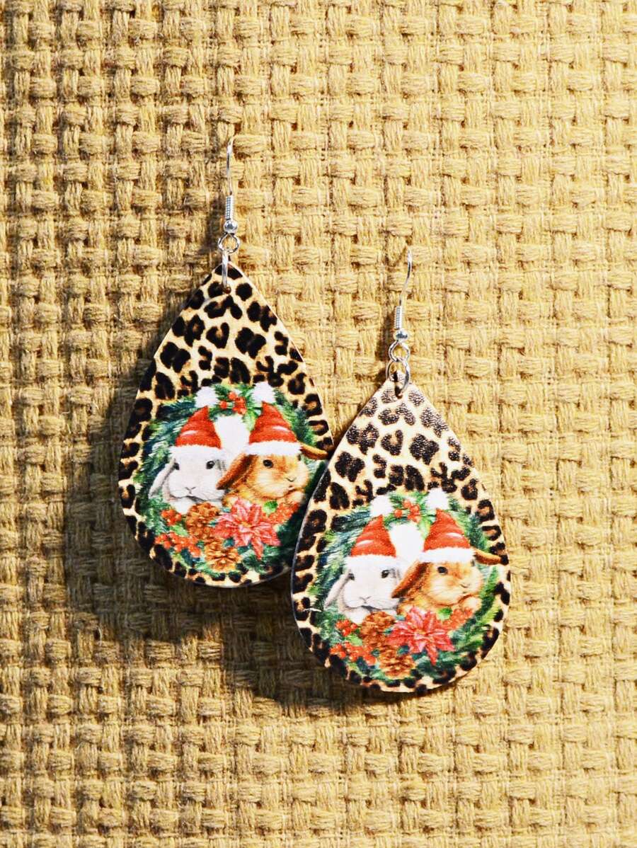 Christmas Rabbit & Leopard Print Water Drop Earrings - Multicolor - View 1