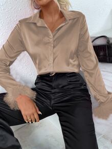 Allurite Camisa de peluche puño de satén - Champán - Ver 3