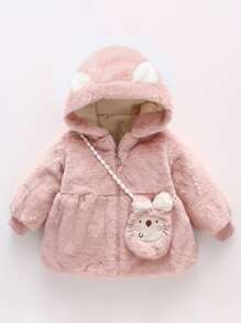 Baby 3D Ear Design Hooded Teddy Coat With Bag - Baby Pink - View 1
