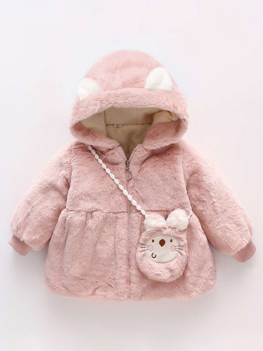 Baby 3D Ear Design Hooded Teddy Coat With Bag - Baby Pink - View 1