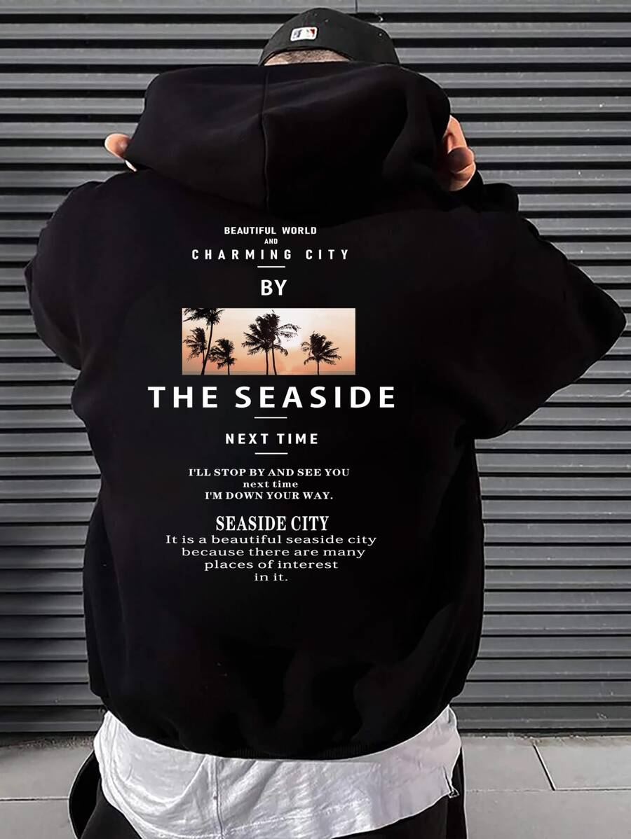 Manfinity EMRG Men Slogan & Picture Print Kangaroo Pocket Drawstring Hoodie Without Shirt - Black - View 1