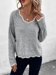 SHEIN LUNE Scallop Trim Drop Shoulder Jumper - Grey - View 1