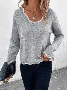 SHEIN LUNE Scallop Trim Drop Shoulder Jumper - Grey - View 2