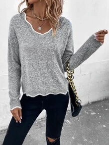 SHEIN LUNE Scallop Trim Drop Shoulder Jumper - Grey - View 5