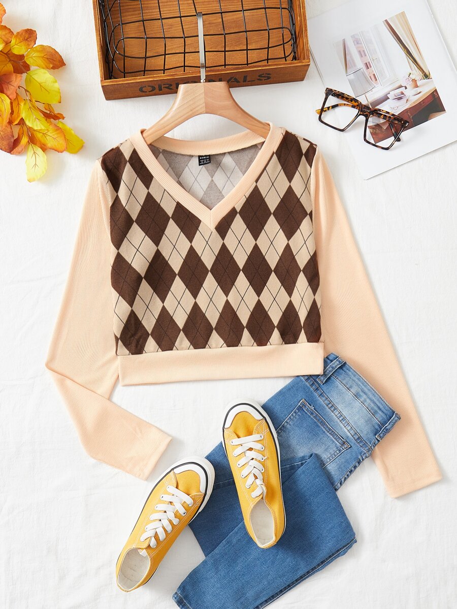 SHEIN Qutie Argyle Pattern Ribbed Knit Tee - Multicolor - View 1