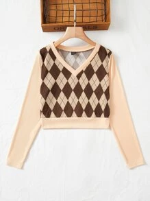 SHEIN Qutie Argyle Pattern Ribbed Knit Tee - Multicolor - View 4