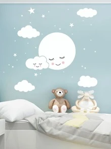 Moon & Cloud Print Wall Sticker - White - View 4
