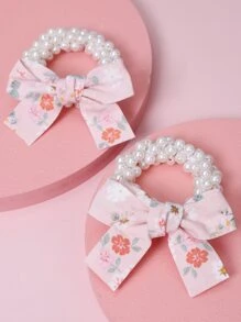 2入組女孩花卉蝴蝶結和珍珠裝飾髮圈,適合日常穿著或度假,白色