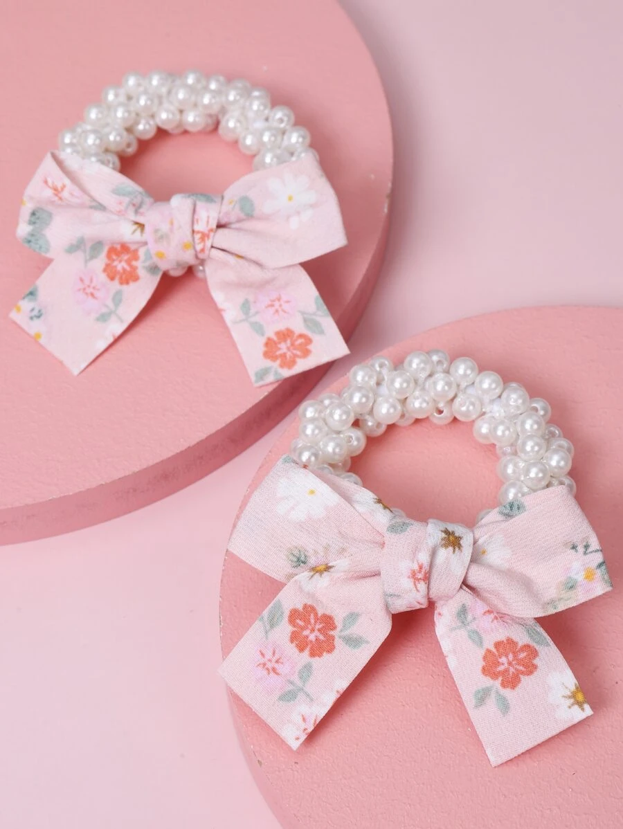2入組女孩花卉蝴蝶結和珍珠裝飾髮圈,適合日常穿著或度假,白色