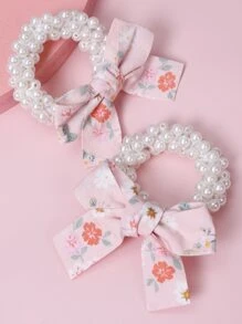 2入組女孩花卉蝴蝶結和珍珠裝飾髮圈,適合日常穿著或度假,白色