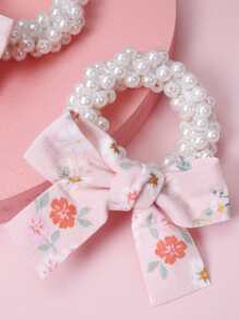 2入組女孩花卉蝴蝶結和珍珠裝飾髮圈,適合日常穿著或度假,白色