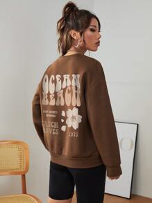 SHEIN EZwear 花卉和字母圖案落肩袖加絨內裏運動衫