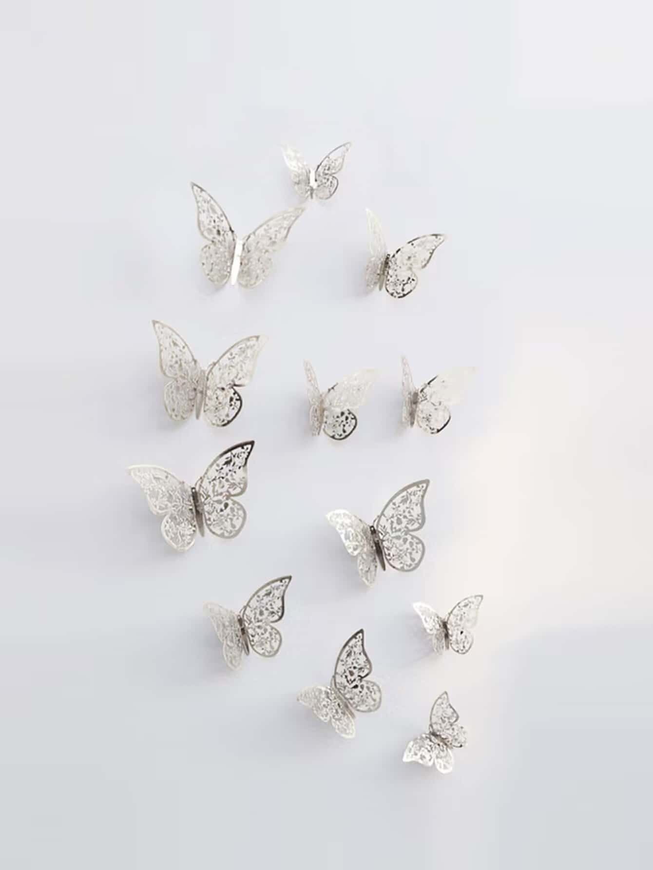 12pcs 3D Butterfly Sticker, Silver Hollow Paper Butterfly Wall Decoration For Home Decor