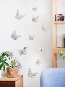 12pcs 3D Butterfly Sticker, Silver Hollow Paper Butterfly Wall Decoration For Home Decor
