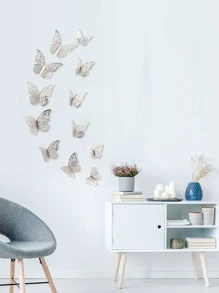 12pcs 3D Butterfly Sticker, Silver Hollow Paper Butterfly Wall Decoration For Home Decor