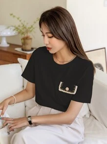 DAZY Pocket Patched Button Detail Tee