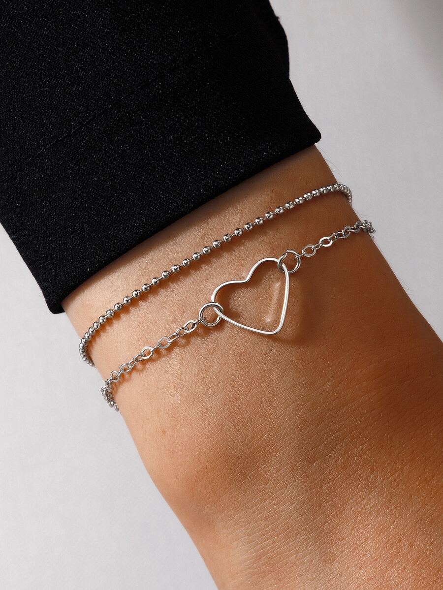2 piezas Pulsera con adorno de corazón - Plateado - Ver 1