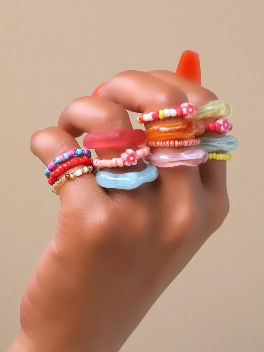 14 piezas anillo con diseño de cuenta - Multicolor - Ver 1