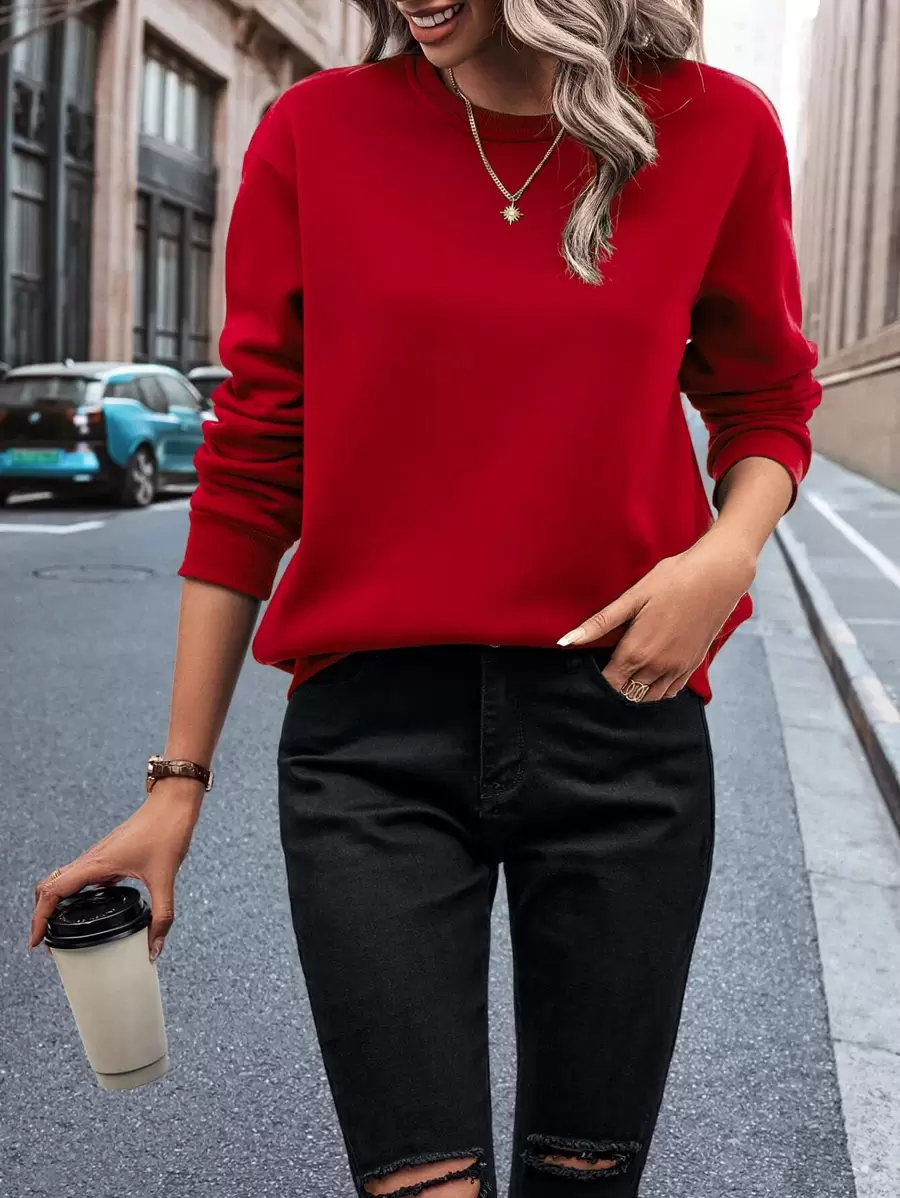 SHEIN LUNE Solid Thermal Lined Sweatshirt Graduation,Back To School Outfits,Graduation,Teacher Outfits For Women,Back To School Pullover Fall Outfit - Red - View 1