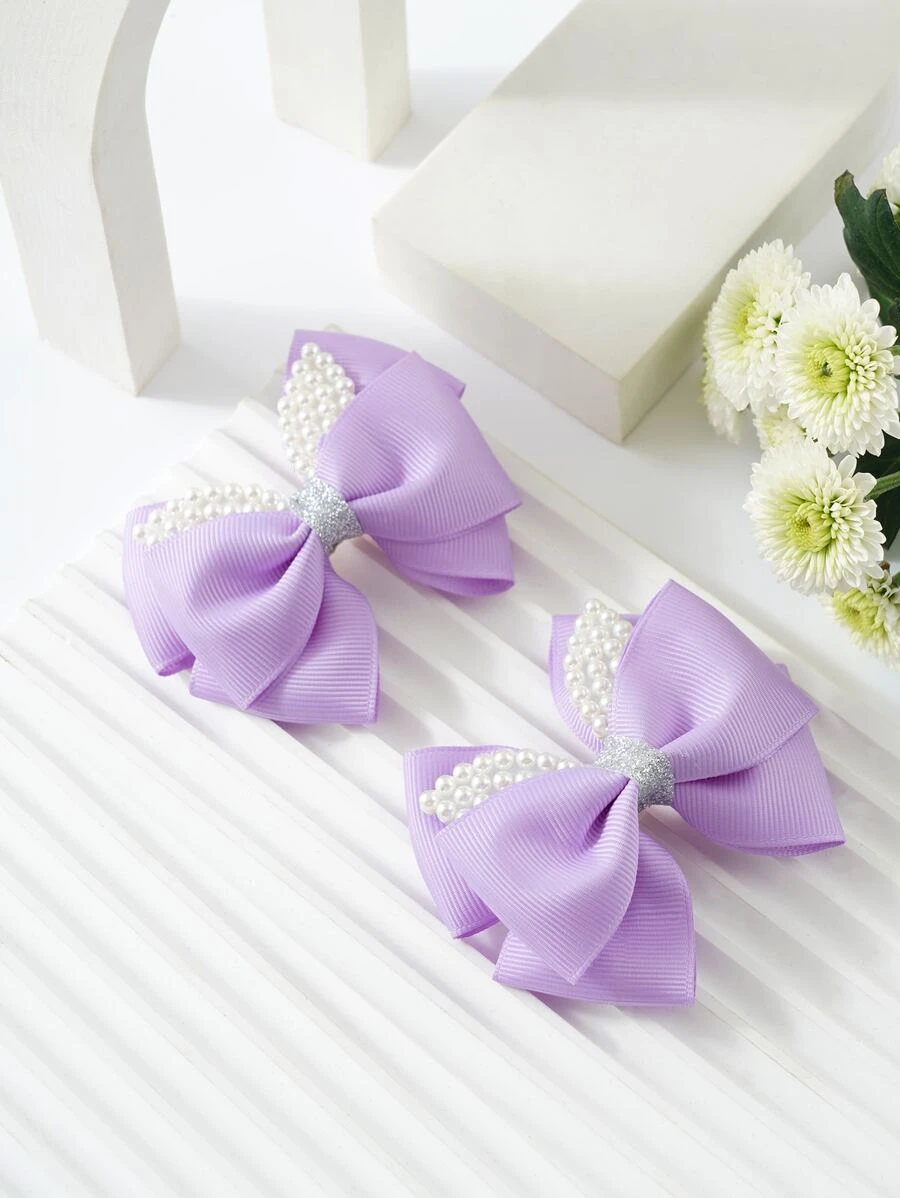 2pcs Sweet Ribbed Bow Hair Clips, Rhinestone & Pearl Decorated, Girl's Hair Accessories That Won't Damage Hair - Purple - View 1