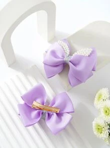 2pcs Sweet Ribbed Bow Hair Clips, Rhinestone & Pearl Decorated, Girl's Hair Accessories That Won't Damage Hair - Purple - View 3