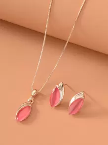 Water-drop Pendant Necklace & Stud Earrings - Pink - View 1
