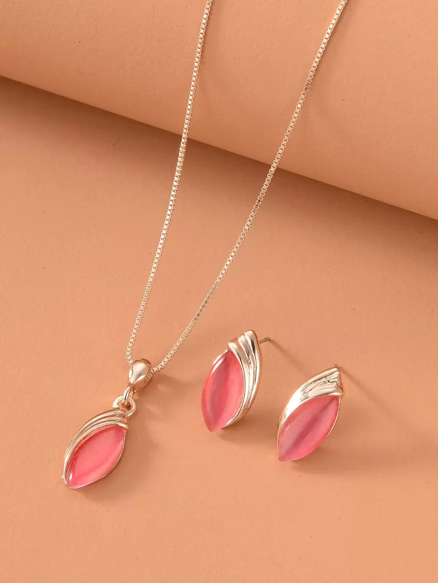 Water-drop Pendant Necklace & Stud Earrings - Pink - View 1