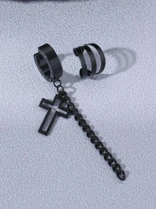 1 pendiente de gota cruzado para hombre a la moda y popular y 1 brazalete de acero inoxidable para vacaciones y para una apariencia elegante - Negro - Ver 2