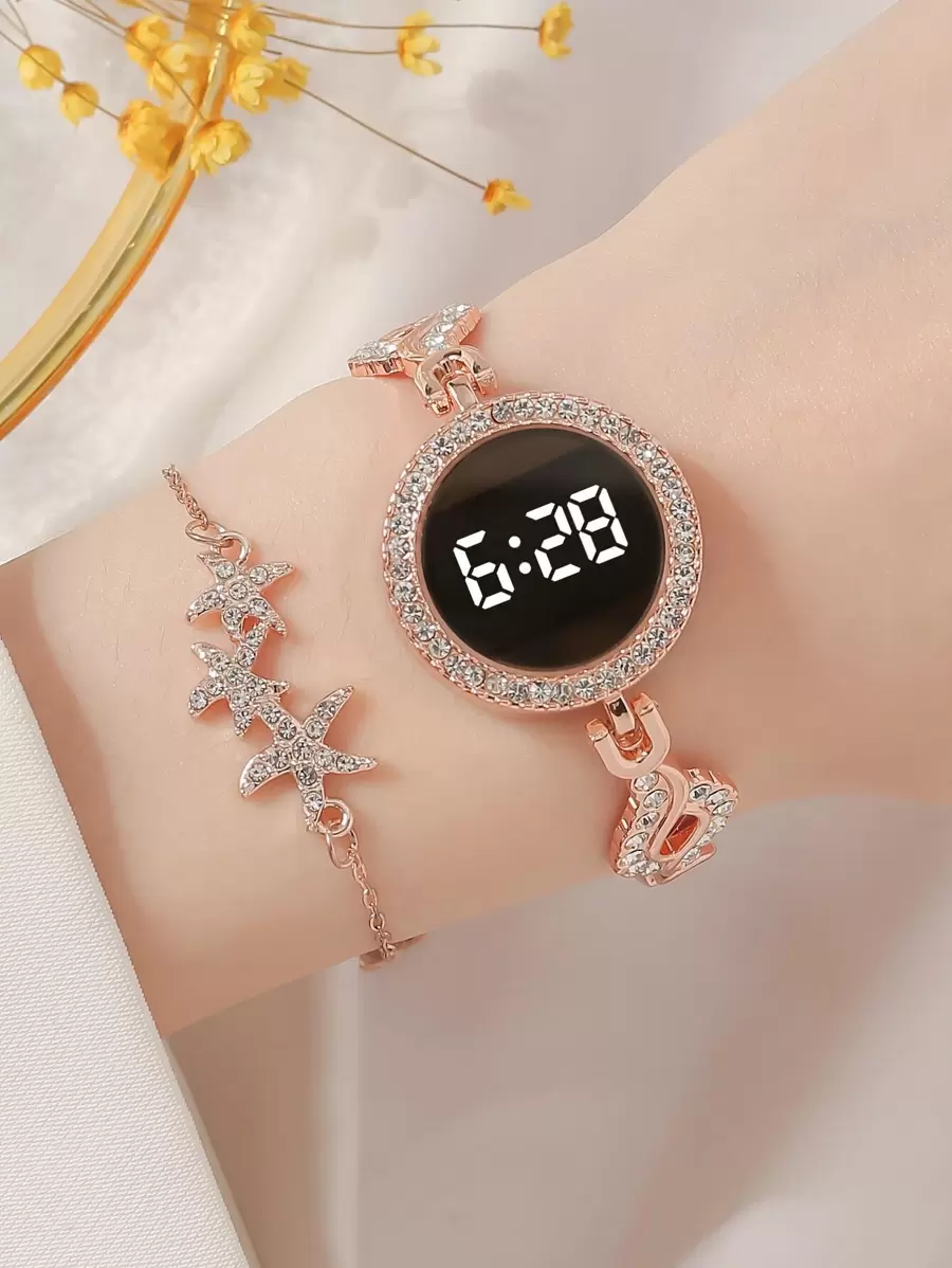 1pc Rhinestone Decor Electronic Watch & 1pc Bracelet Holiday As A Gift For Students Returning To School - Rose Gold - View 1