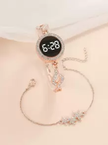1pc Rhinestone Decor Electronic Watch & 1pc Bracelet Holiday As A Gift For Students Returning To School - Rose Gold - View 2
