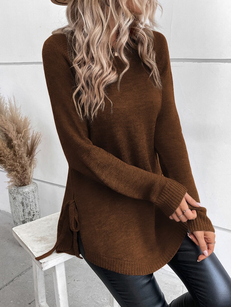 SHEIN LUNE Raglan Sleeve Knot Side Jumper - Brown - View 1