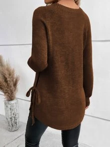 SHEIN LUNE Raglan Sleeve Knot Side Jumper - Brown - View 2