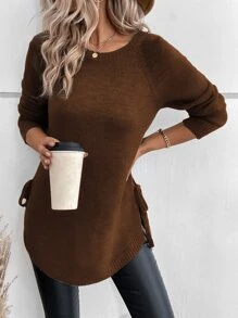 SHEIN LUNE Raglan Sleeve Knot Side Jumper - Brown - View 4
